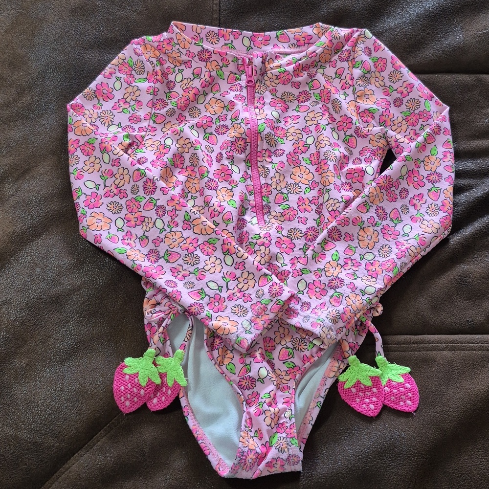 Nicole Miller Pink Strawberry Zip One-Piece with Aqua Floral Rash Guard Set, 2pc - Picture 4 of 10